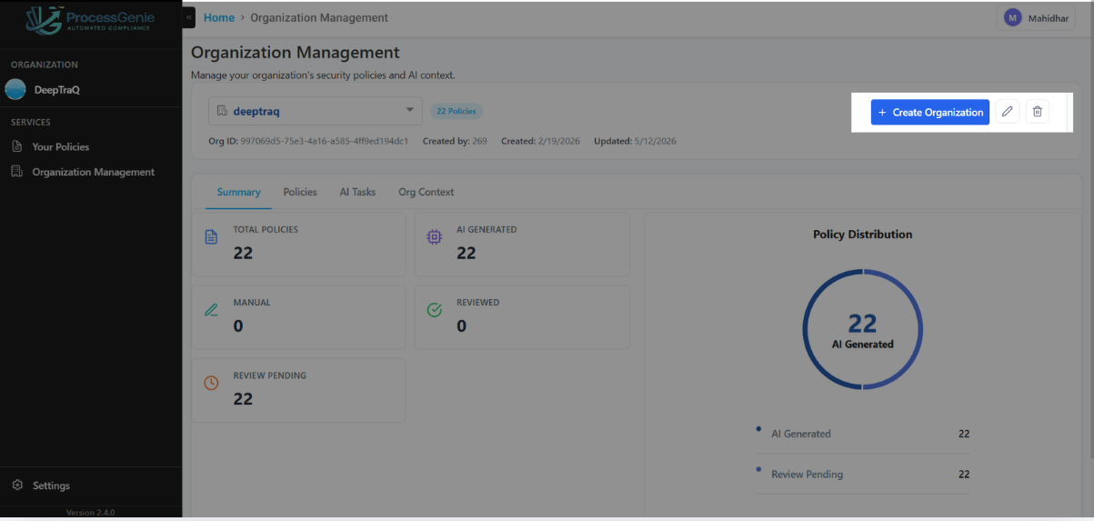 Organization Management — Create Organization button