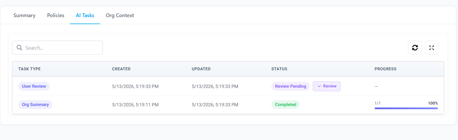 AI Tasks — User Review pending, Org Summary completed