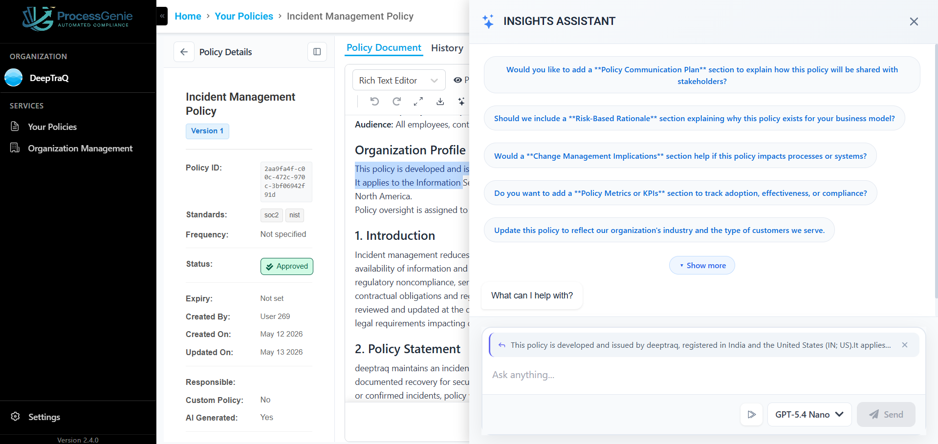 Insights Assistant — suggested questions panel