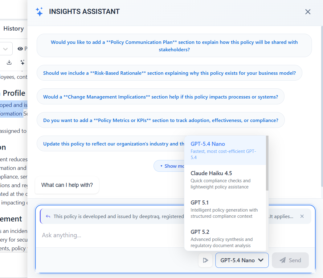 Insights Assistant — AI model selector