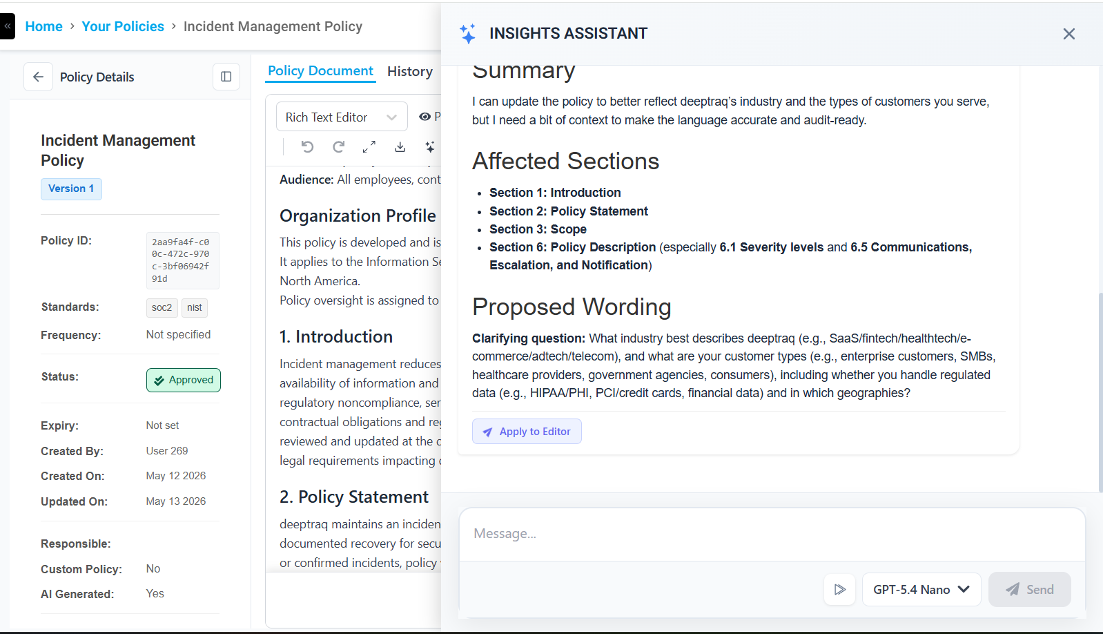 Insights Assistant — AI response with Apply to editor