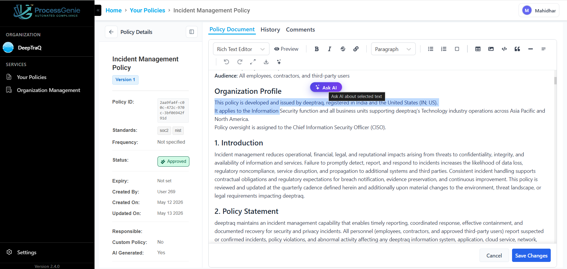 Policy editor — select text to reveal Ask AI button
