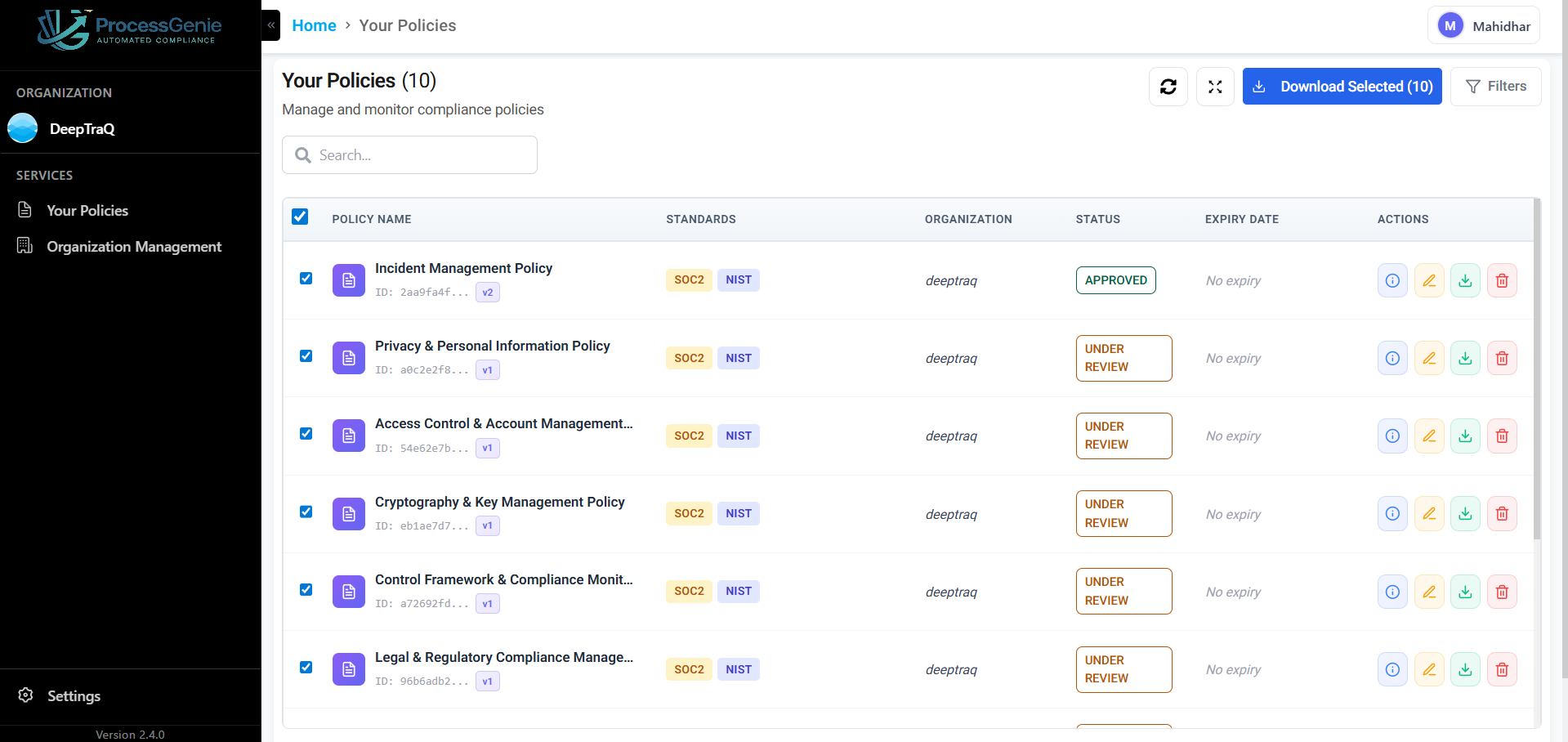 Bulk download — multiple policies selected