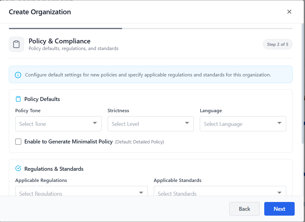 Create Organization — Step 2: Policy &amp; Compliance