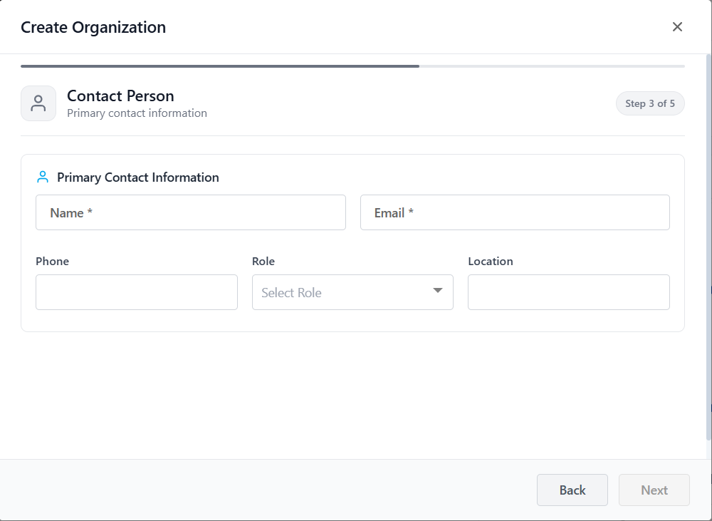 Create Organization — Step 3: Contact Person