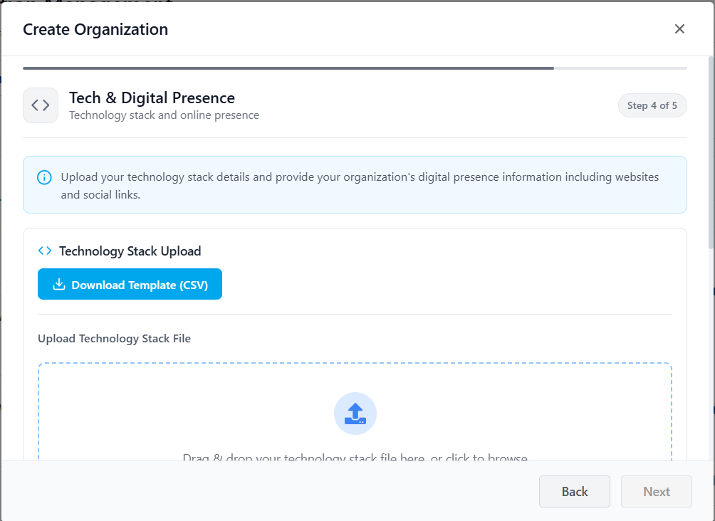 Create Organization — Step 4: Tech &amp; Digital Presence