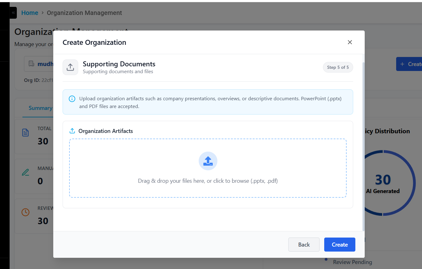 Create Organization — Step 5: Supporting Documents