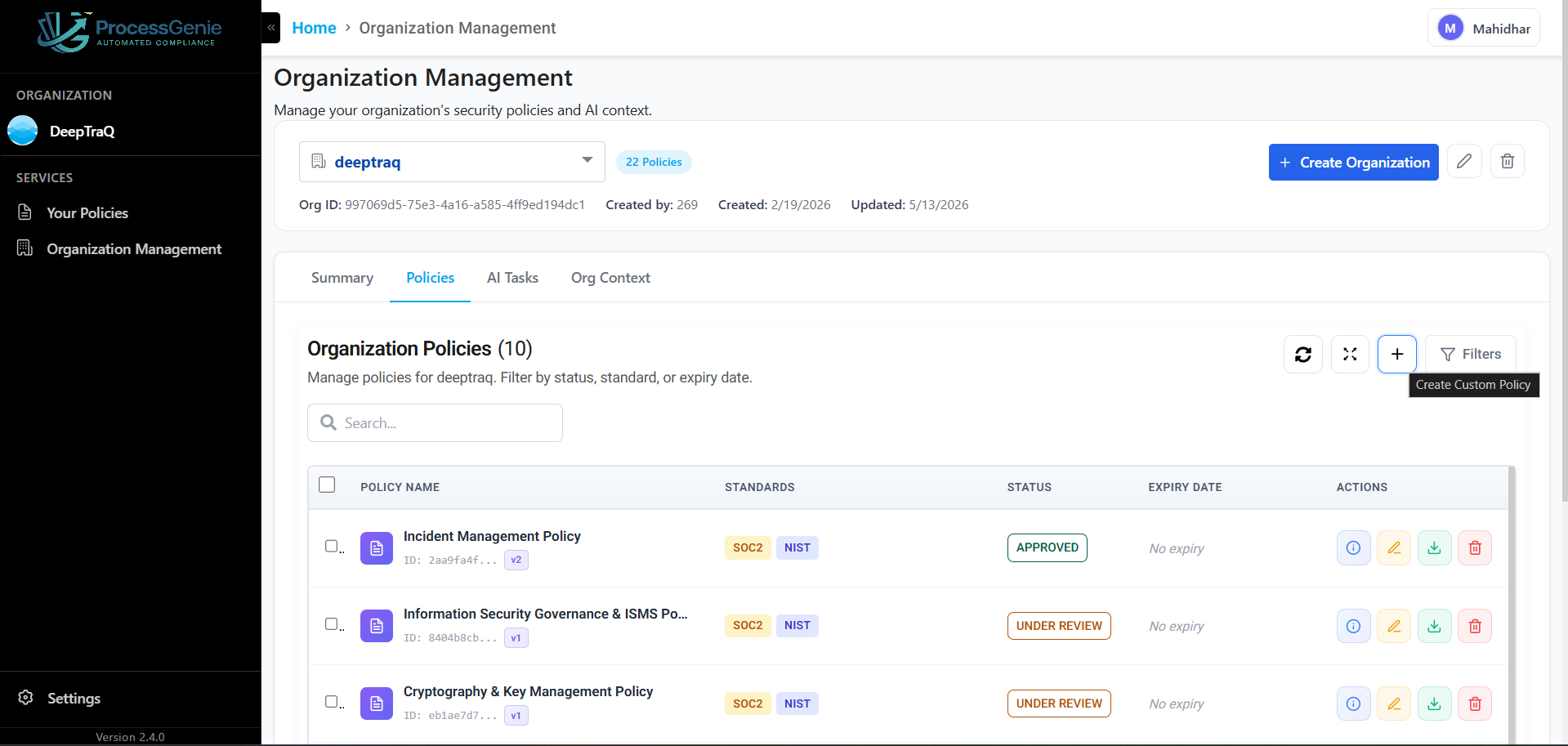 Organization Management — Policies tab with Create Custom Policy button