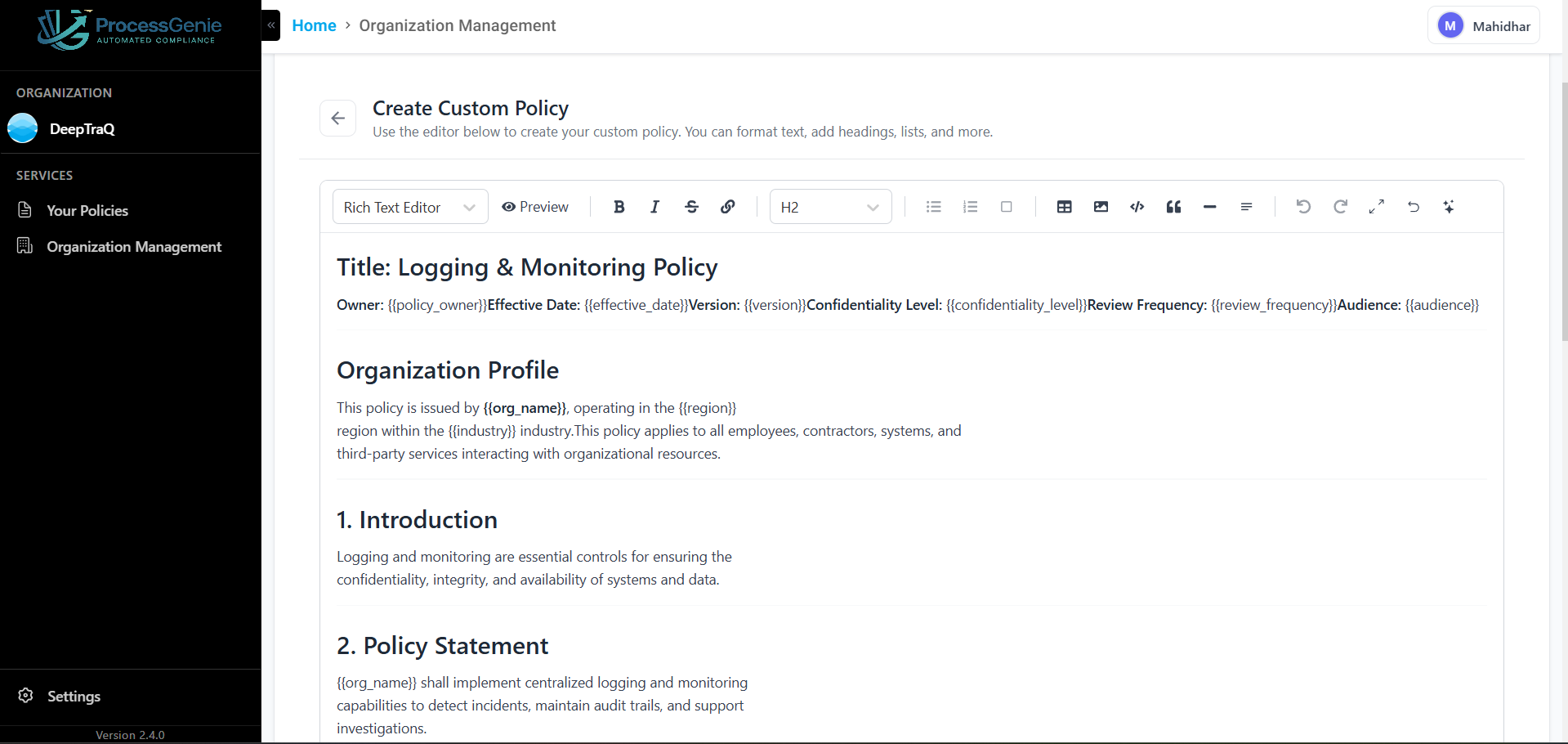 Create Custom Policy — rich text editor with pre-filled template
