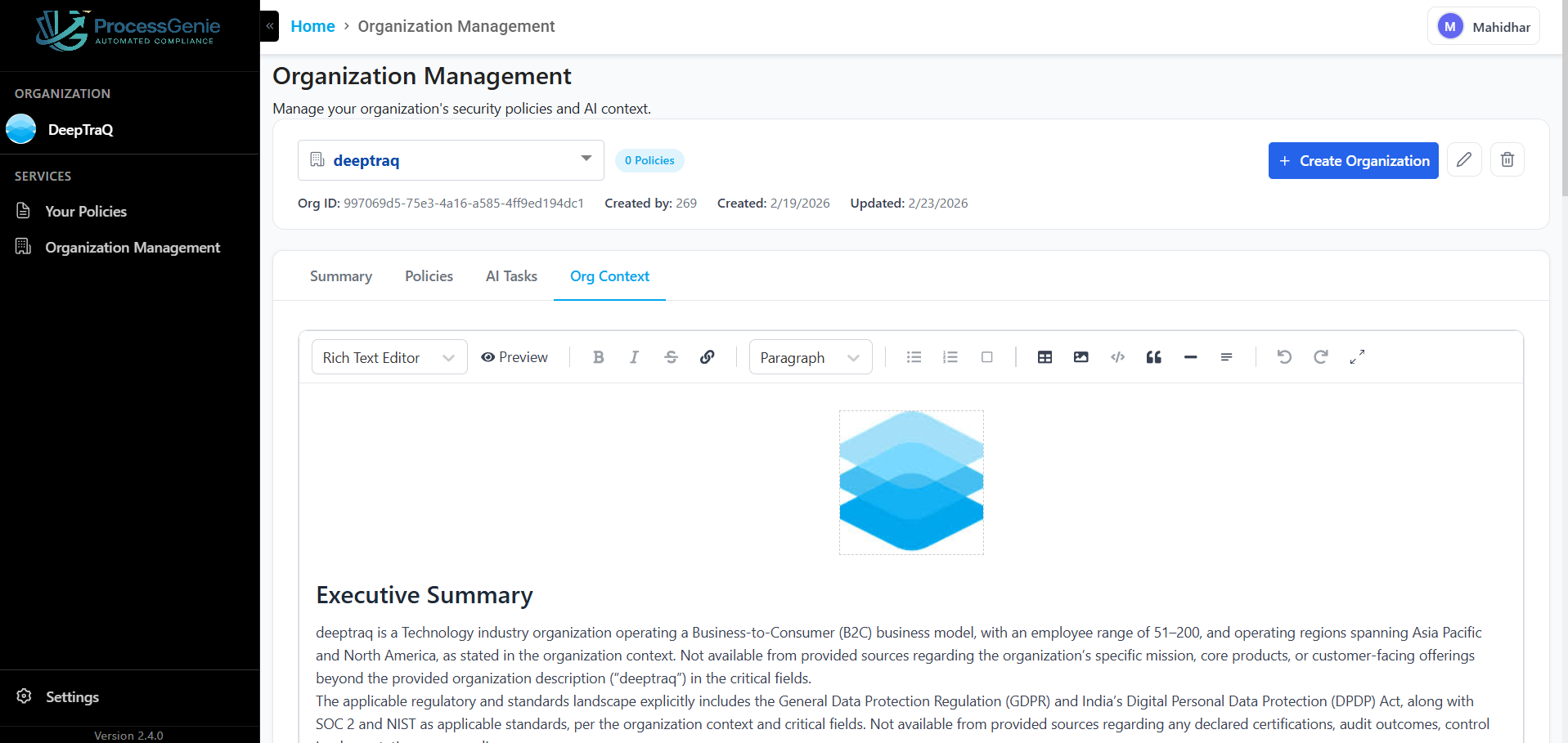 Organization Management — Org Context tab