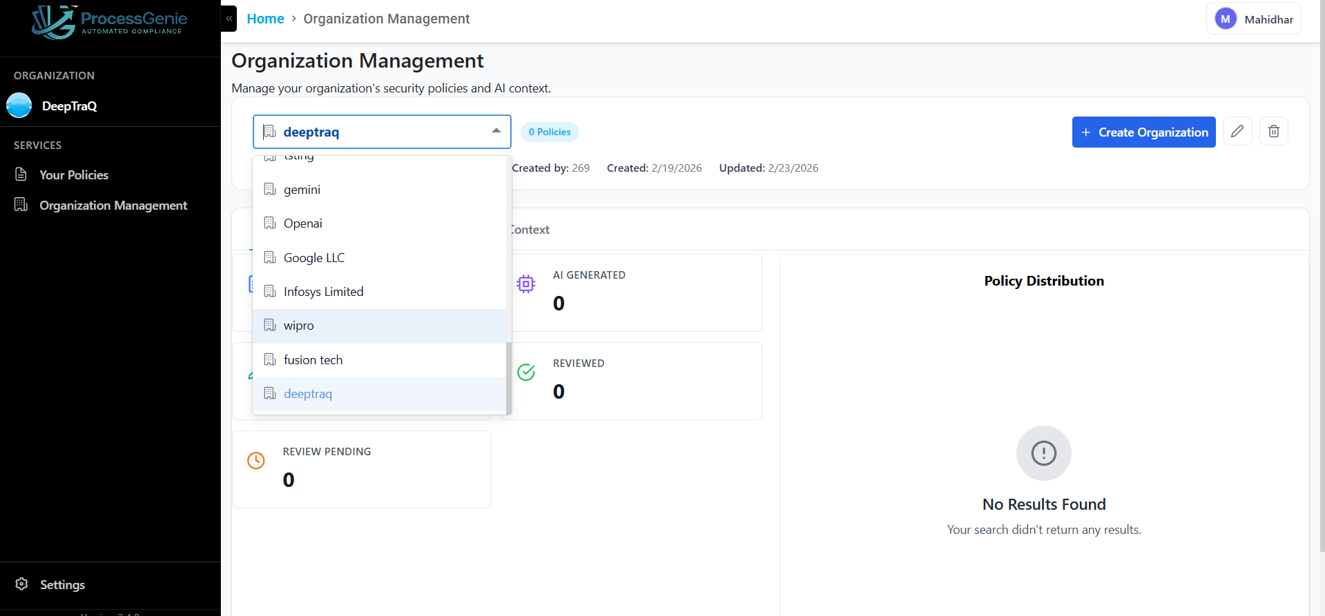 Organization Management — organization dropdown