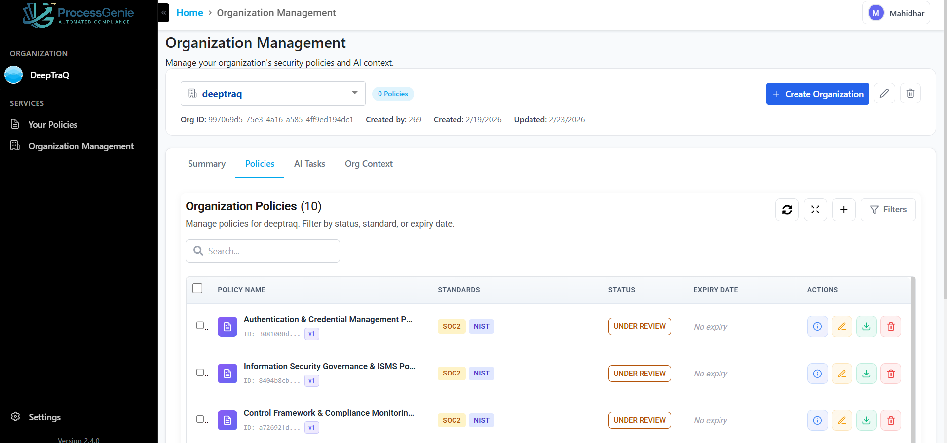 Organization Management — Policies tab