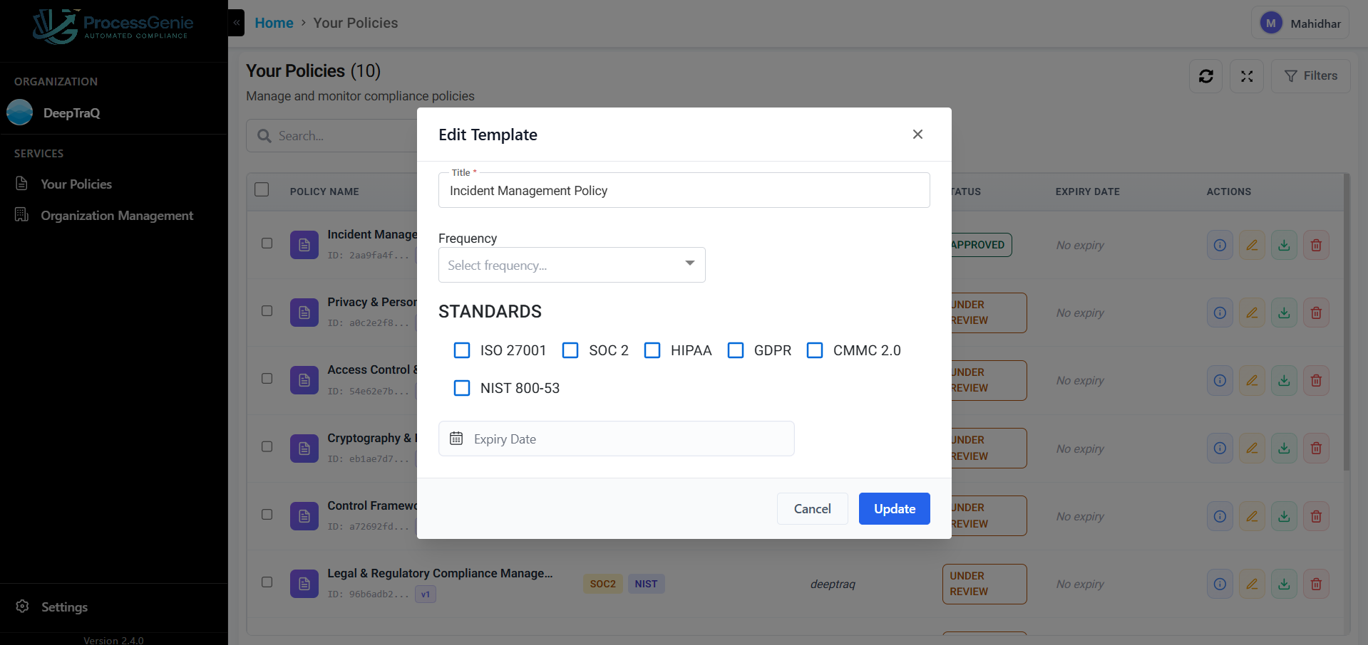 Policy detail page — Policy Document tab with sidebar and Approve Policy