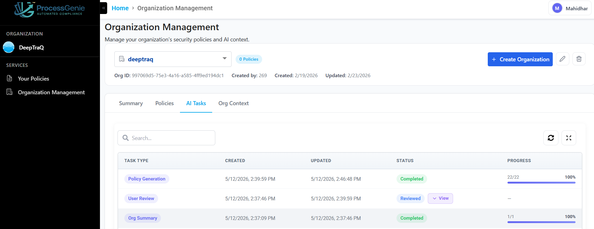 AI Tasks tab — policy generation