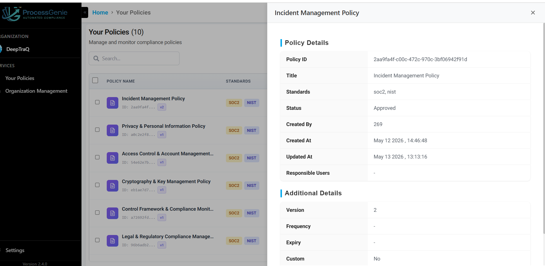 Your Policies — quick-view side panel