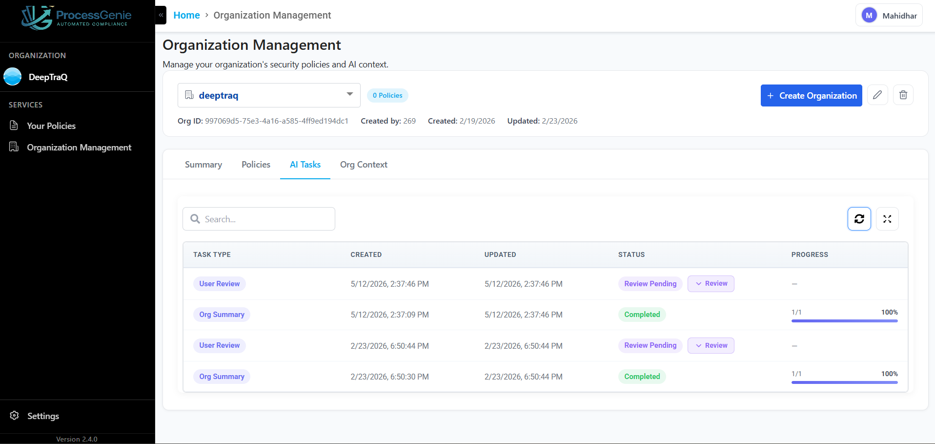 AI Tasks — User Review pending