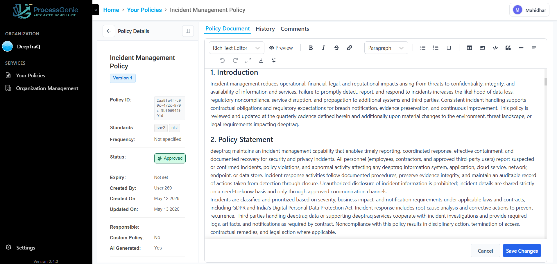 Policy editor — Save Changes after AI edit