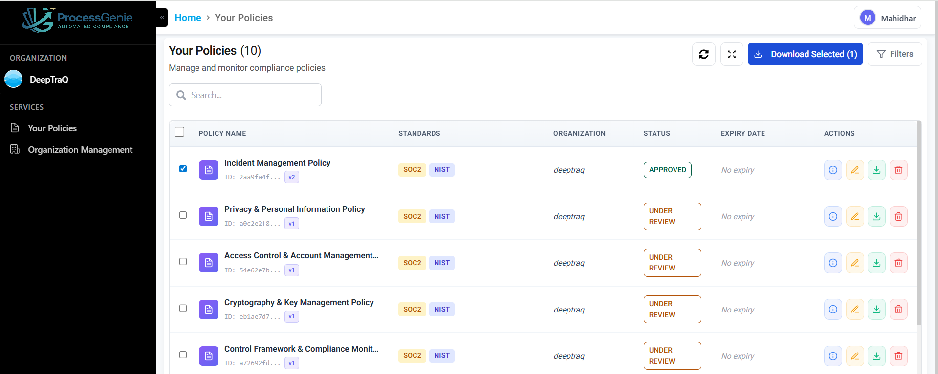 Download single policy — Download Selected (1) button