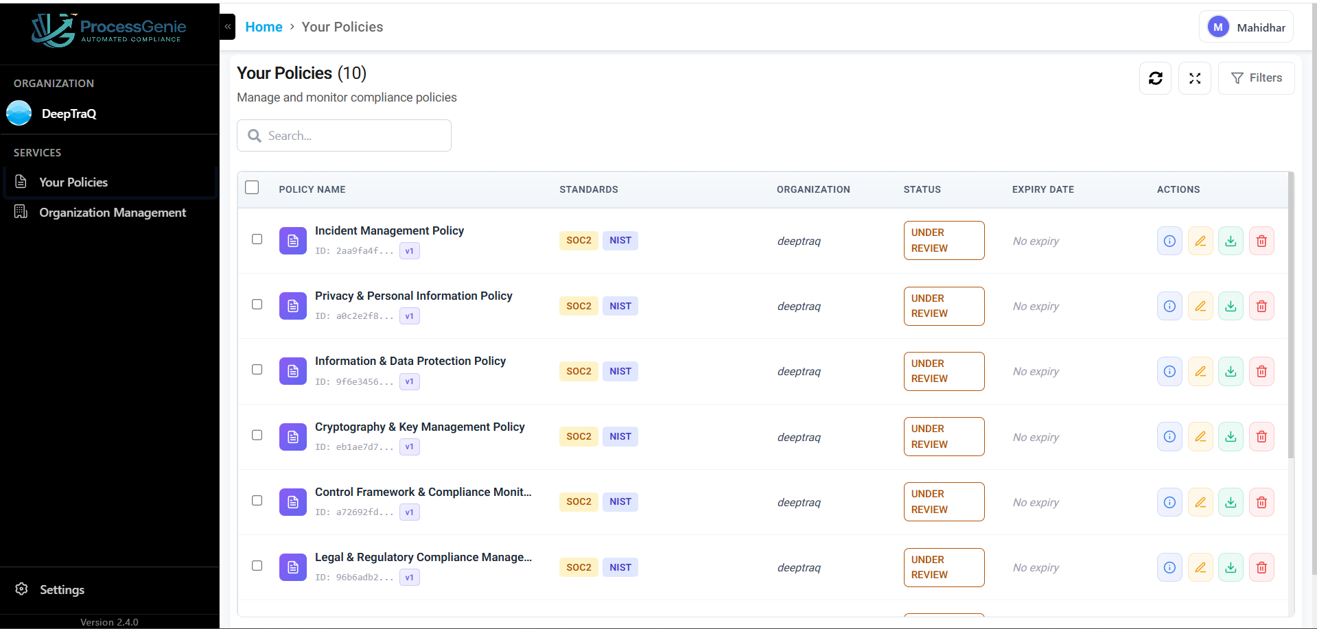 Your Policies — all compliance policies